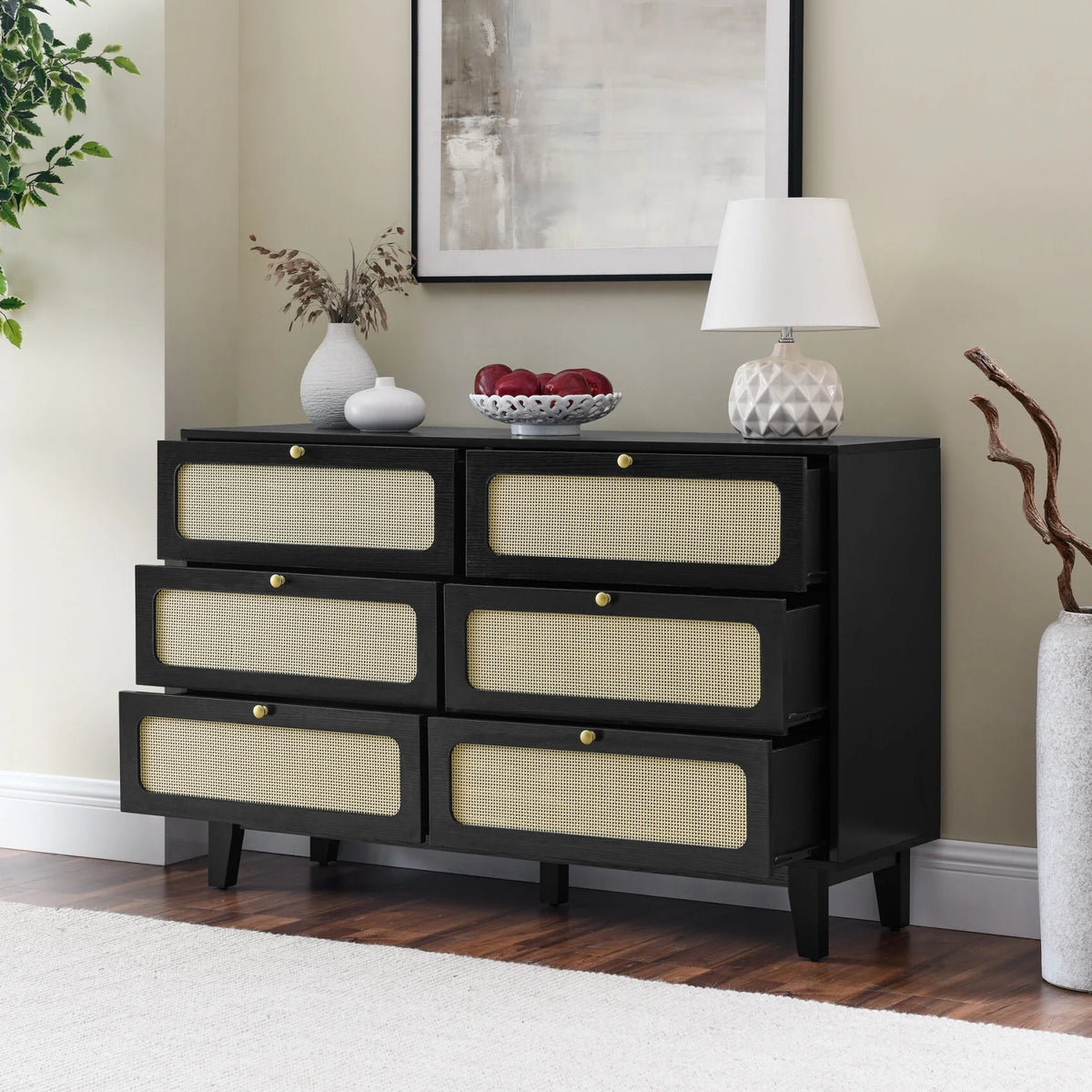 6 Drawer Wooden Dresser with Rattan Drawers Q33499