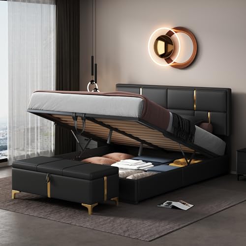 Beige Queen Upholstered Platform Bed with Storage Ottoman E421336