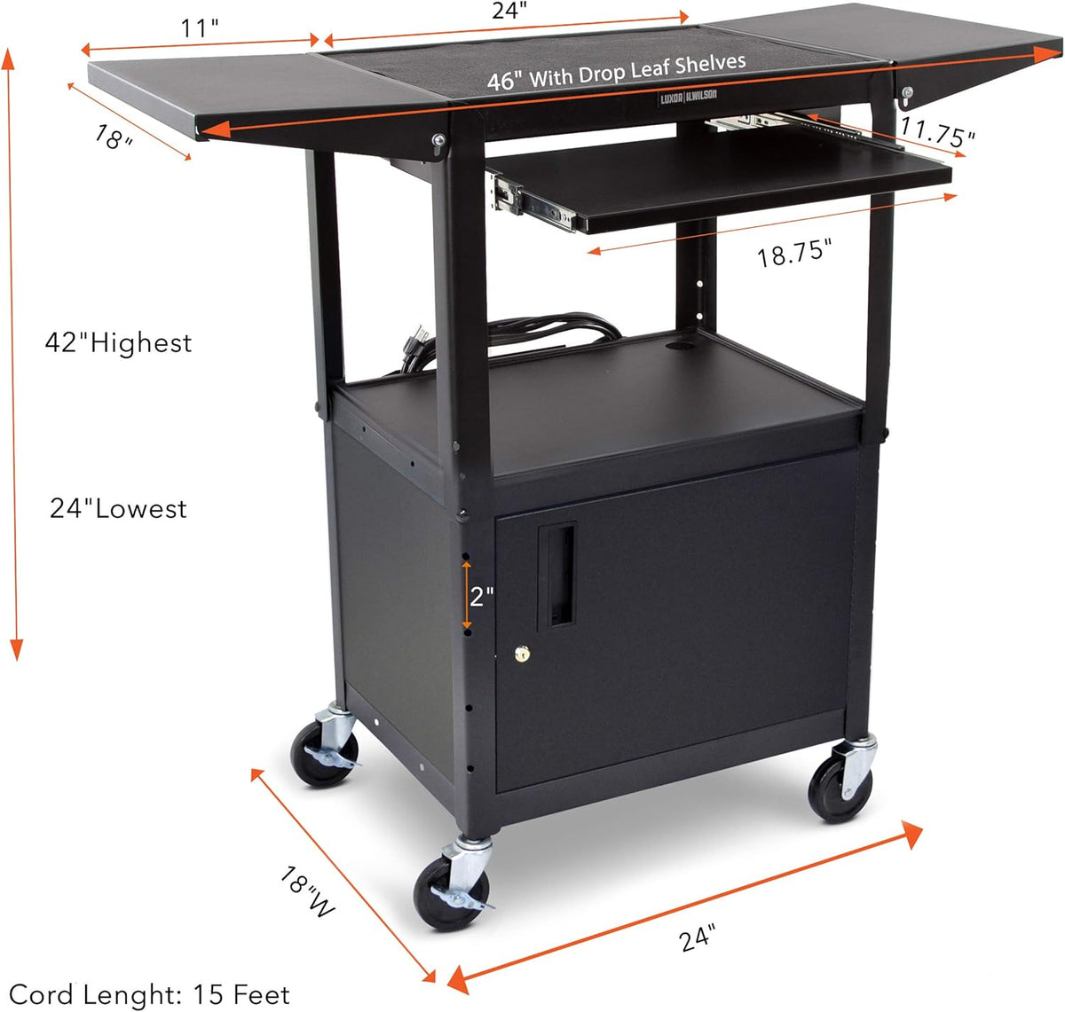 Black Height Adjustable Utility Cart with Locking Cabinet and Drop Leaves C6670