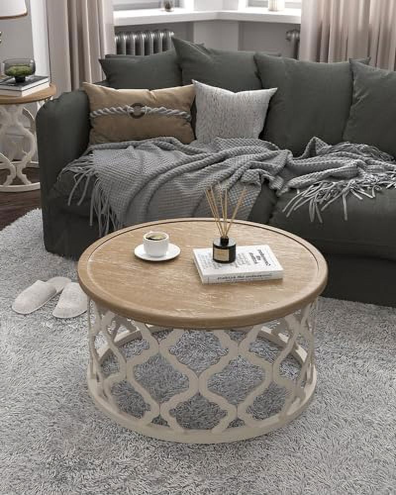 30'' Round Distressed Wood Coffee Table with Shelf L366