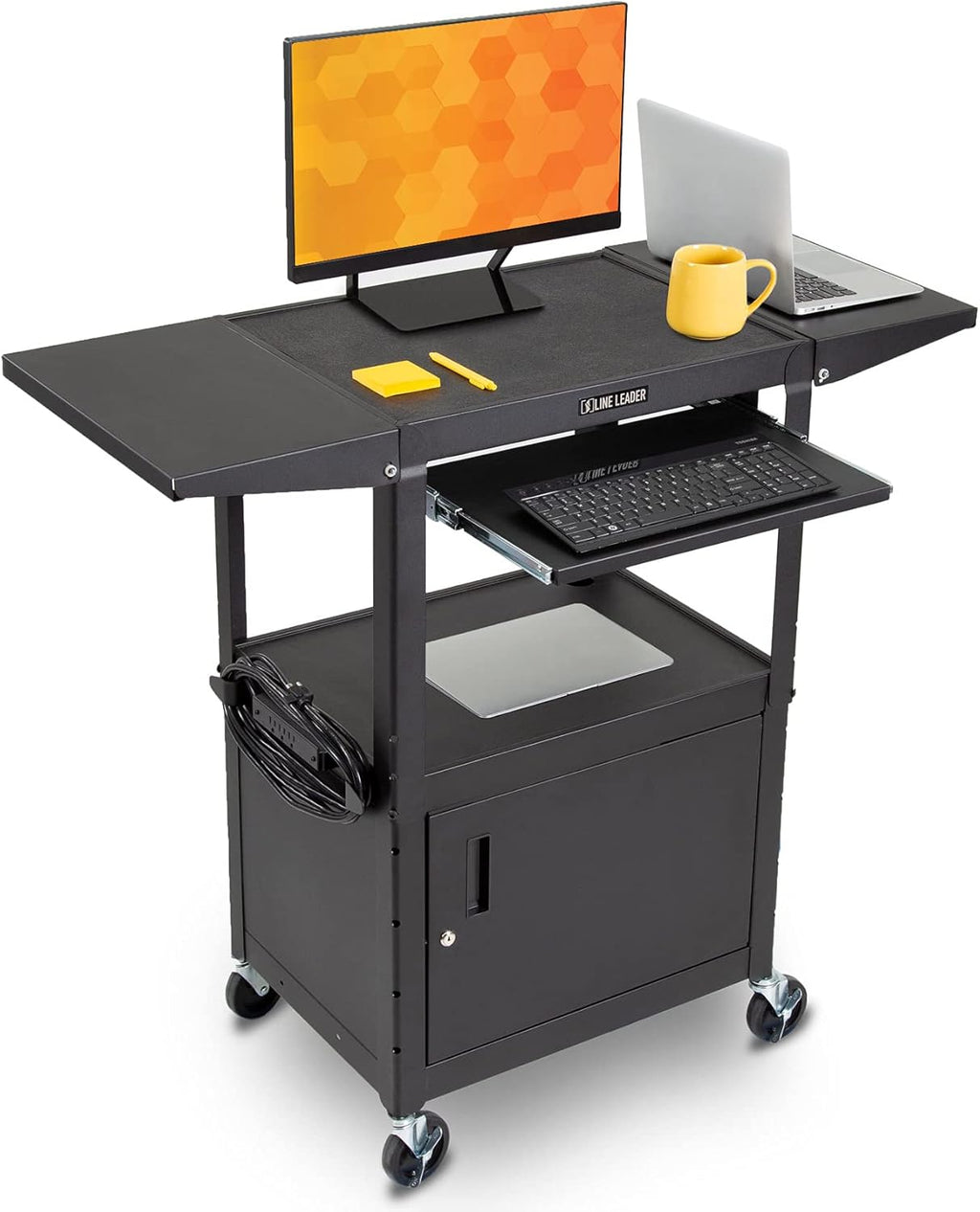 Black Height Adjustable Utility Cart with Locking Cabinet and Drop Leaves C6670