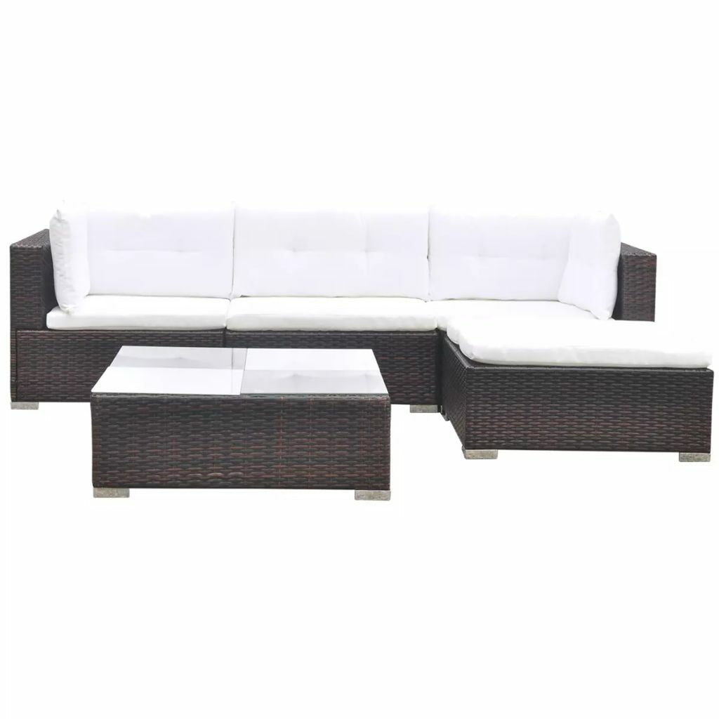 5 Piece Outdoor Sectional Sofa Lounge with Coffee Table and Ottoman Set Cushioned Poly Rattan B922828