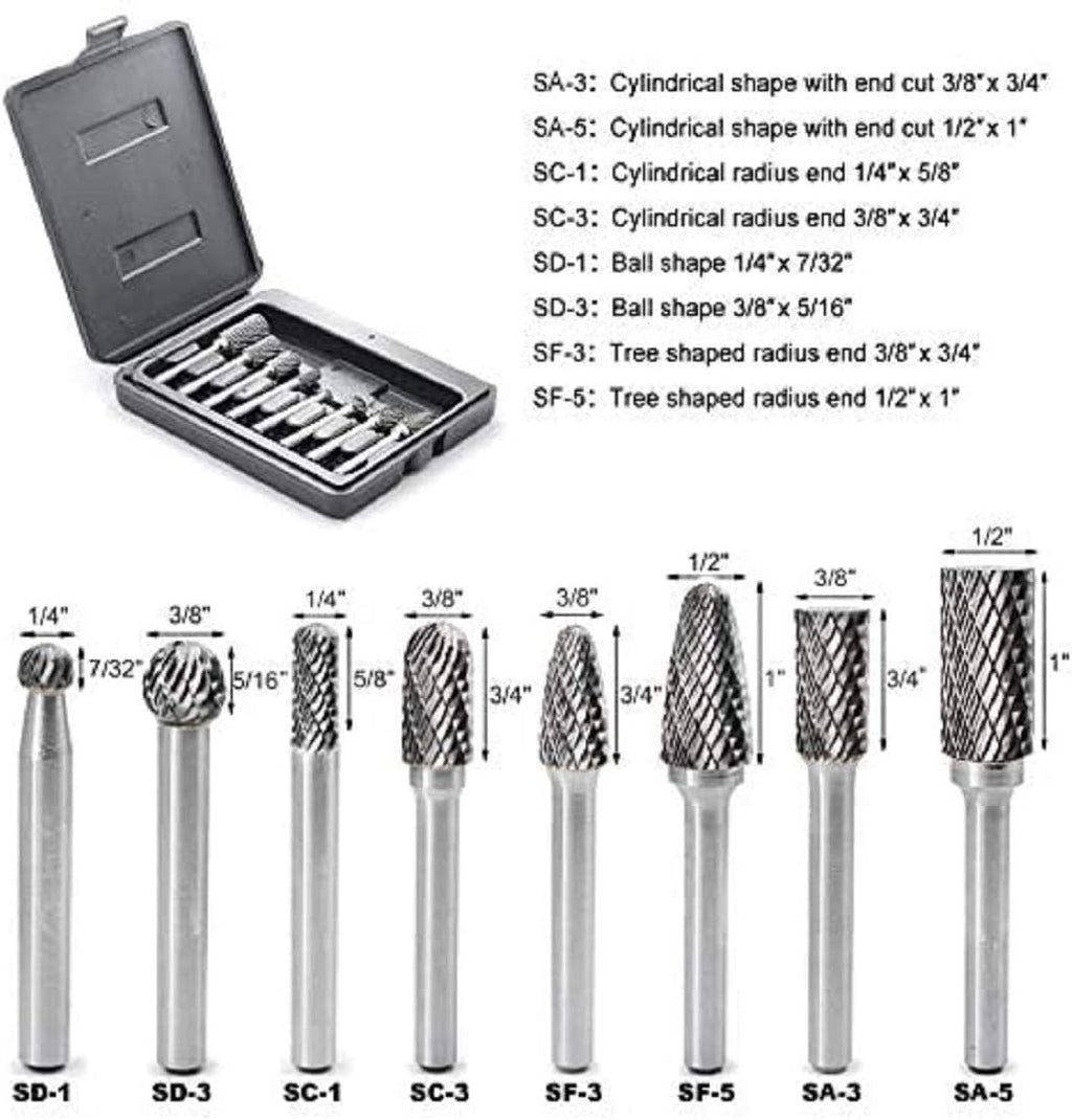 Carbide Burr Set with 1/4'' Shank 8pcs Double Cut Solid Carbide Rotary Burr Set G445