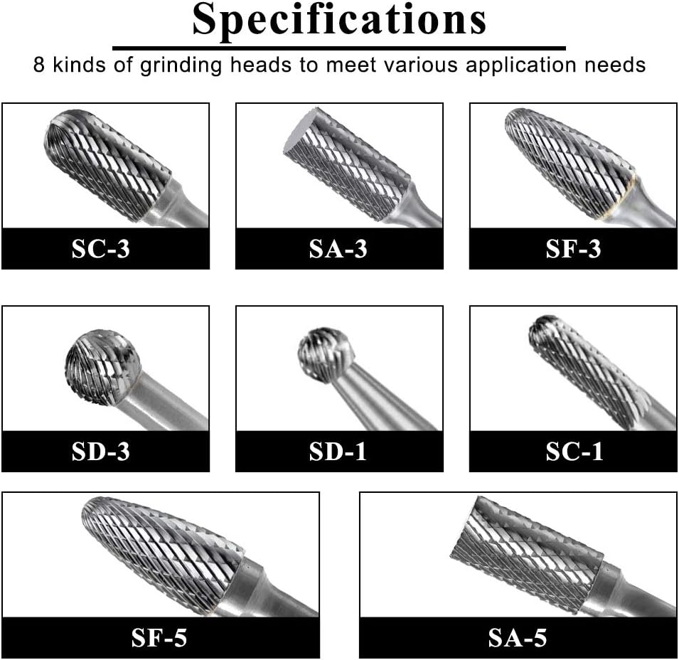 Carbide Burr Set with 1/4'' Shank 8pcs Double Cut Solid Carbide Rotary Burr Set G445