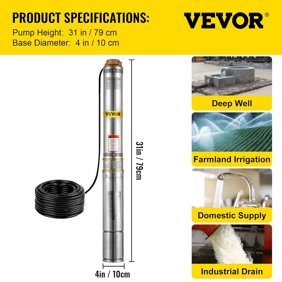 1 HP Submersible Well Pump 33GPM 207ft Head 9.8ft Cable Stainless Steel K8733
