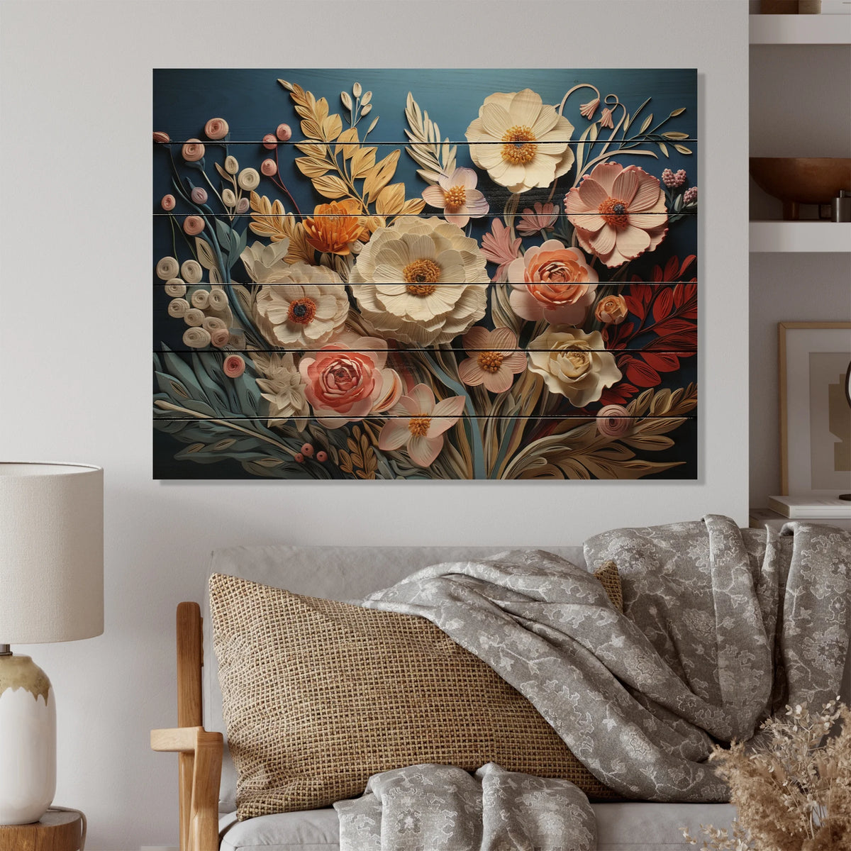 Floral Print on Natural Pine Wood D268