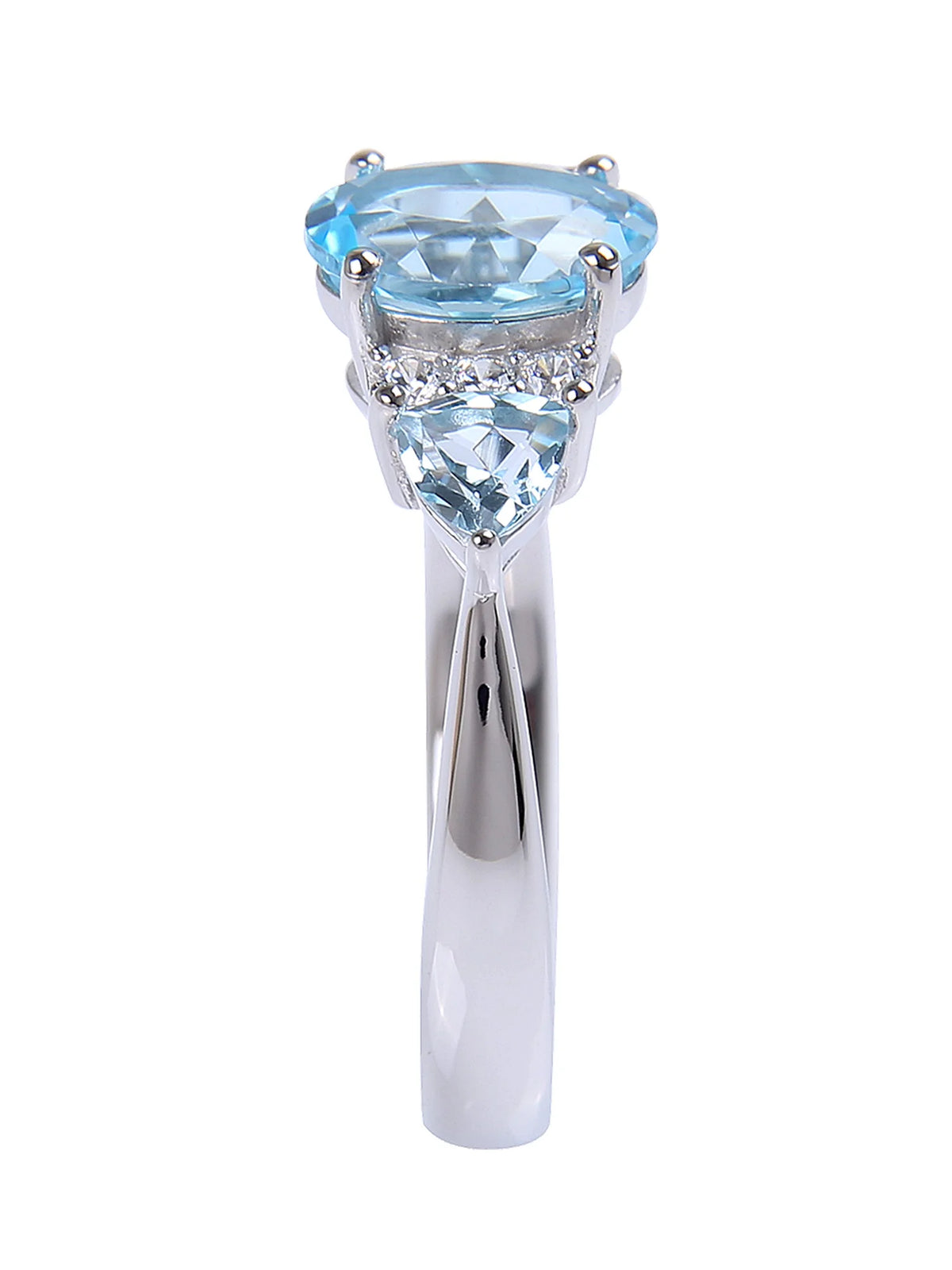 Oval & Trillion Cut Blue Topaz & CZ Three-Stone Ring in Sterling Silver E829