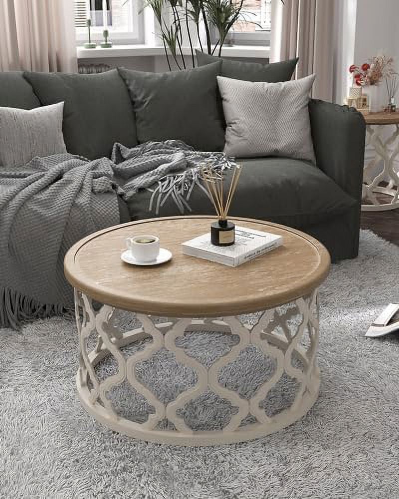 30'' Round Distressed Wood Coffee Table with Shelf L366