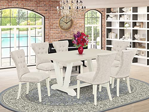 7 Piece Rectangle Dining Table with 6 Doeskin Linen Fabric Upholstered Chairs K963