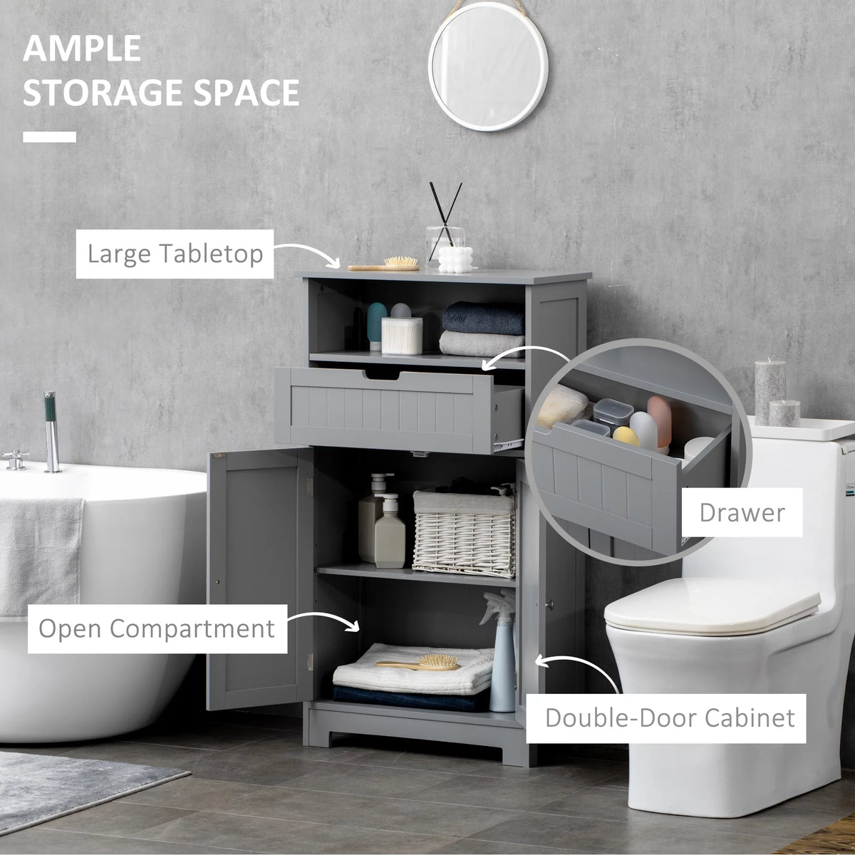 Grey Freestanding Bathroom Storage Cabinet with Drawer and Adjustable Shelf Q219