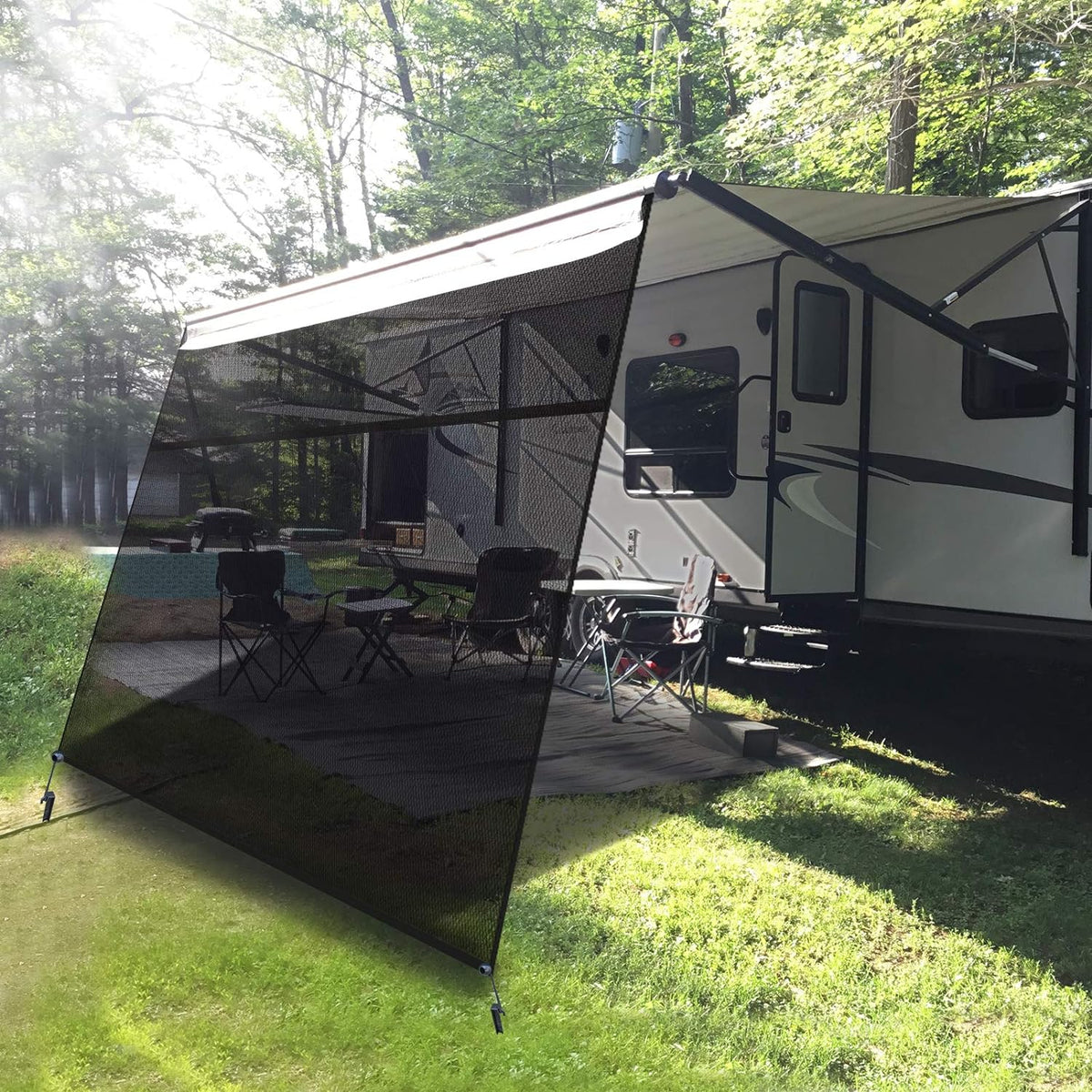 RV Awning Shade Screen 9'X7' Black Mesh Sunshade Pack of 2 D9604