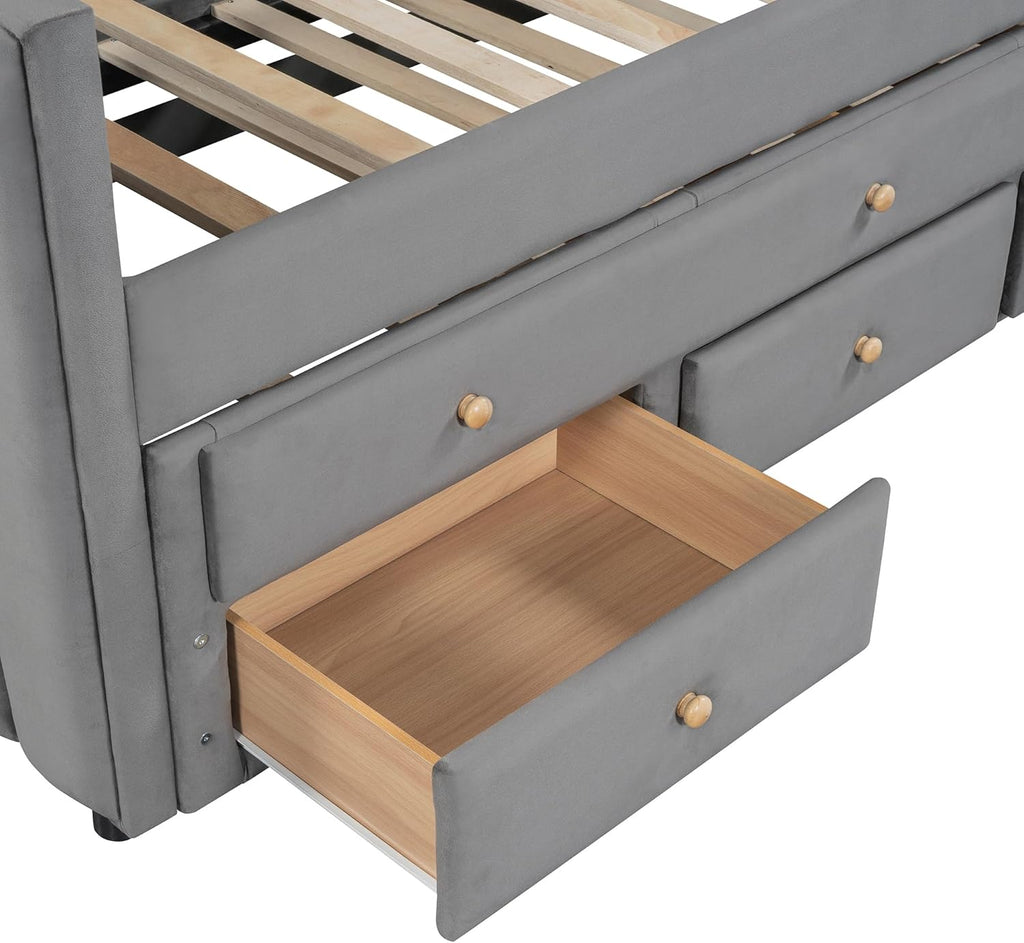 Twin Size Velvet Upholstered Daybed with Trundle and 3 Storage Drawers, Wooden Sofa Bed Frame (Gray) S595