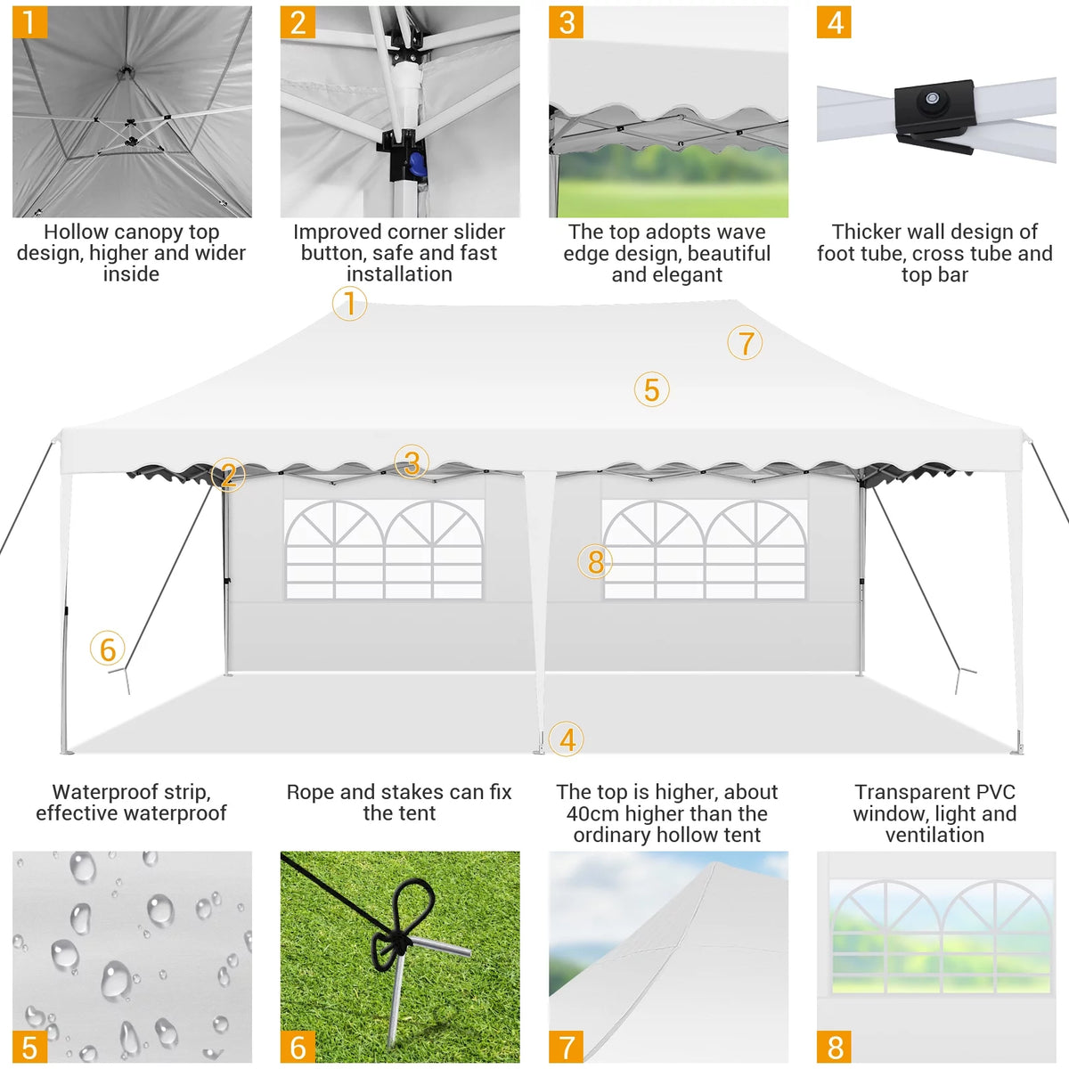 10' x 20' Pop Up Canopy Party Tent Heavy Duty Waterproof Adjustable White with Carry Bag Q29586