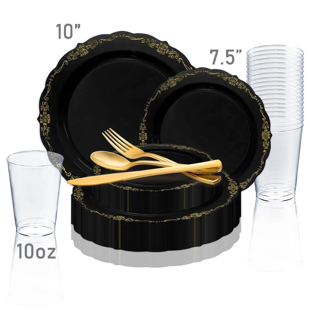 Black Gold Disposable Plastic Wedding Value Set (60 Guests) H164642