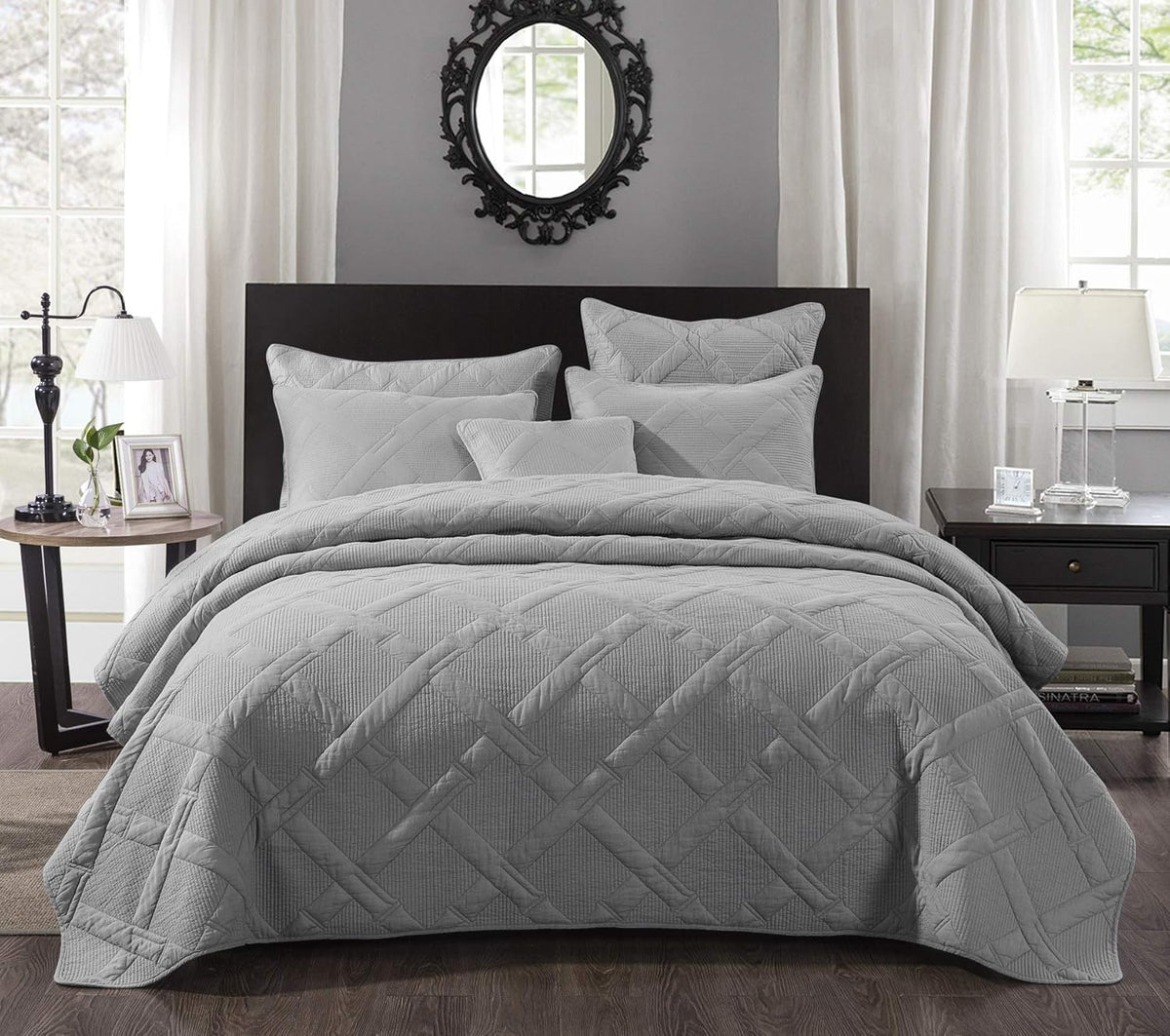 Solid Light Grey Silver Soft Cotton Quilted Bedspread 3 Piece Set, California King O271