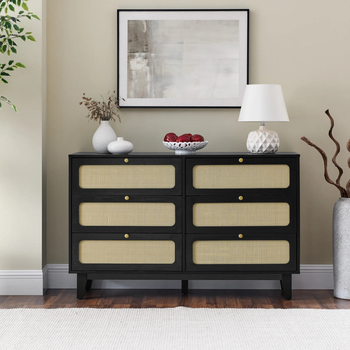 6 Drawer Wooden Dresser with Rattan Drawers Q33499