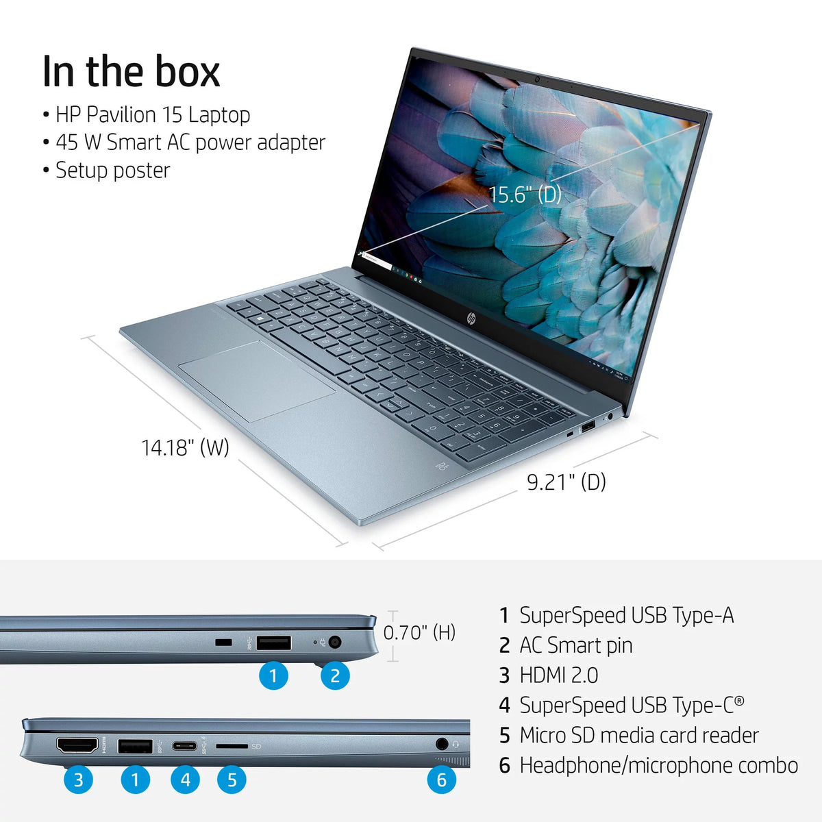 15.6" FHD Laptop, AMD Ryzen 5-5500U, 16GB RAM, 512GB SSD, Horizon Blue, Windows 11 N837