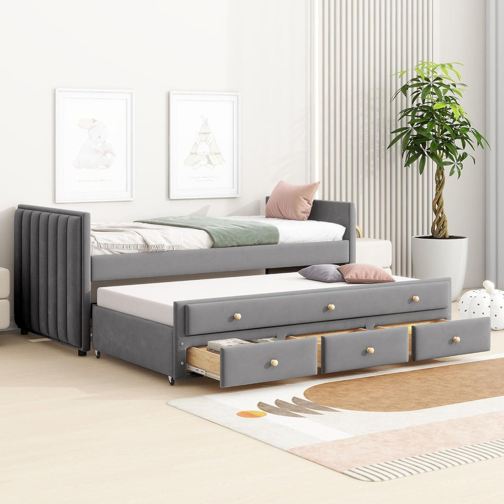 Twin Size Velvet Upholstered Daybed with Trundle and 3 Storage Drawers, Wooden Sofa Bed Frame (Gray) S595