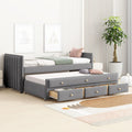 Twin Size Velvet Upholstered Daybed with Trundle and 3 Storage Drawers, Wooden Sofa Bed Frame (Gray) S595