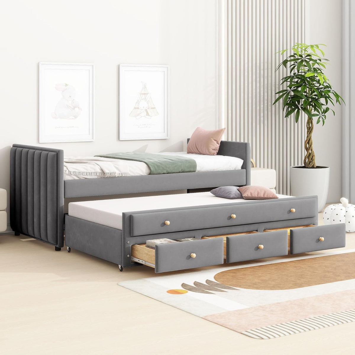 Twin Size Velvet Upholstered Daybed with Trundle and 3 Storage Drawers, Wooden Sofa Bed Frame (Gray) S595