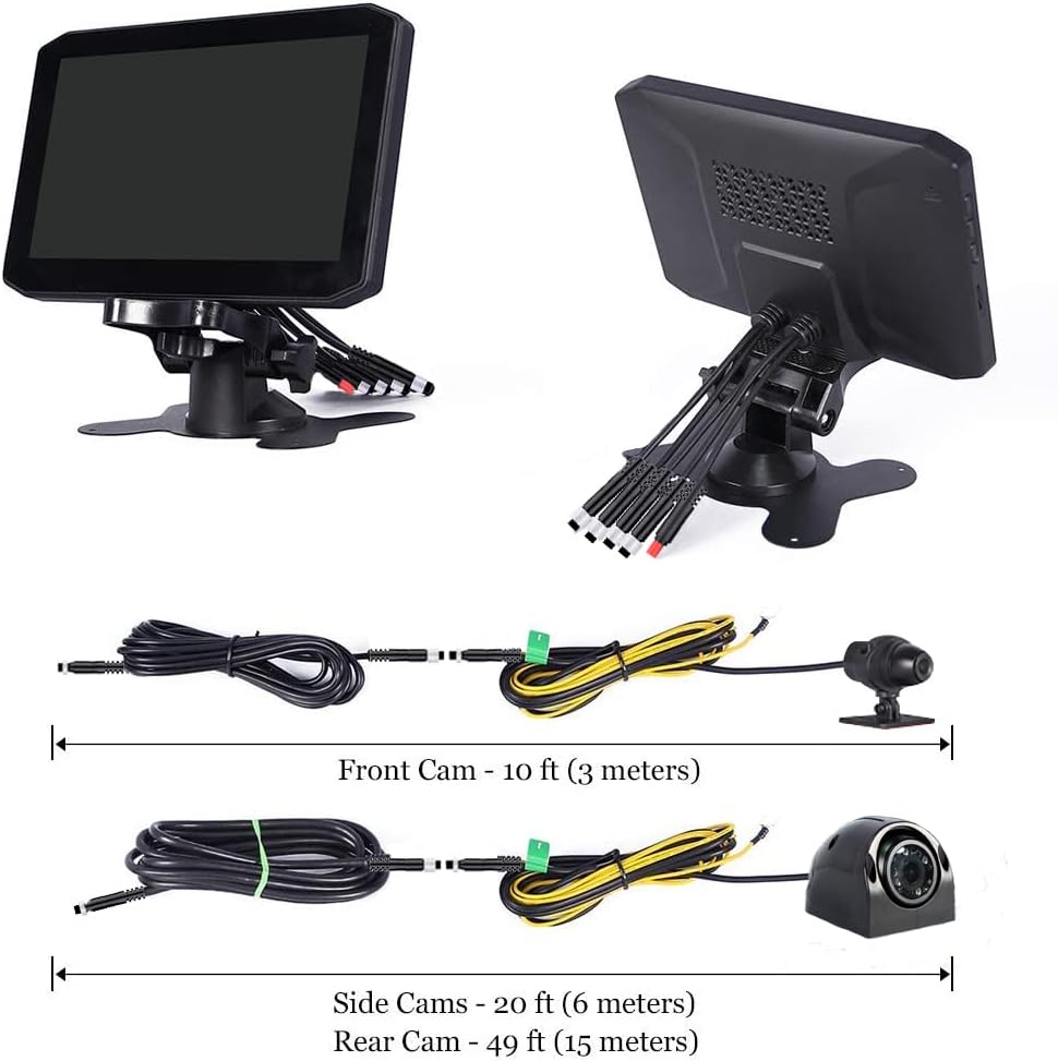 4CH Dash Cam Backup Camera 7.0'' Monitor Recording DVR Front & Sides & Rear VGA with Infrared Night Vision Lens D193