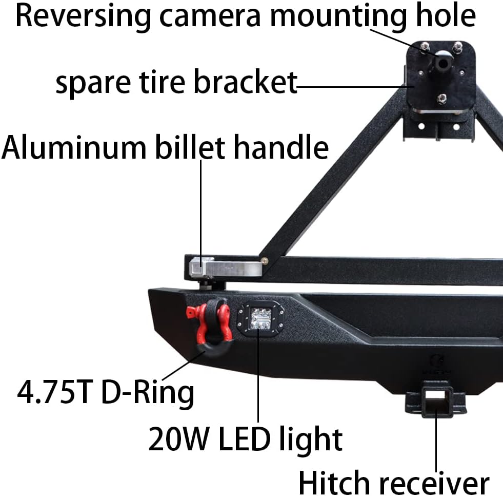 Textured Black Rear Bumper with Tire Bracket, LED Light, D-Ring, Rear Camera Mounting Holes S28814