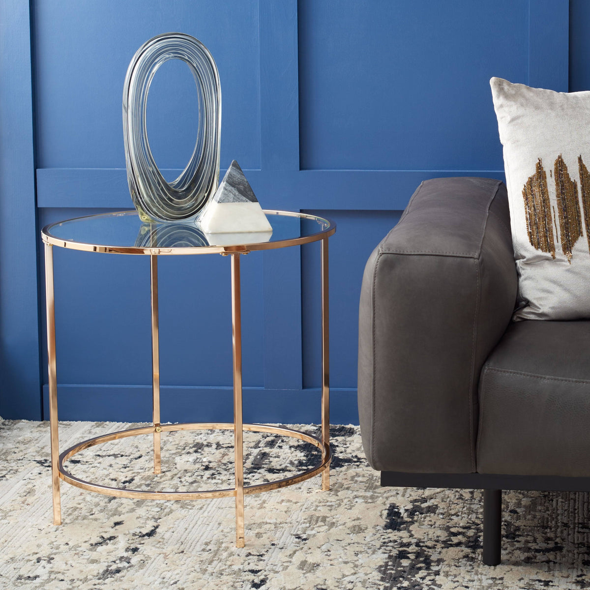 Round Glass Side Table with Polished Gold Frame A39442