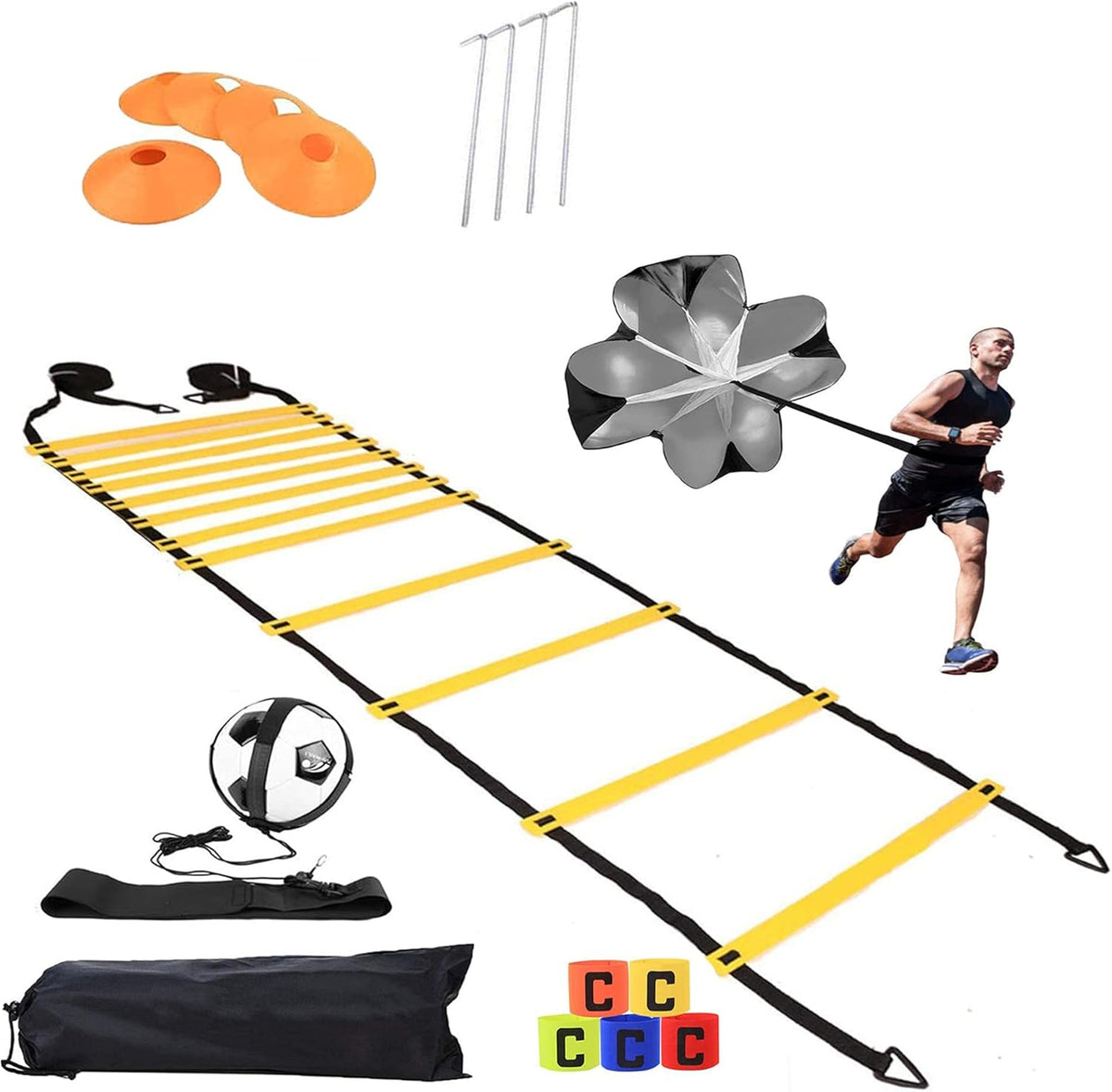 Speed Agility Training Set with Ladder, Running Parachute, 5 Speed Cones, 5 Loop Resistance Bands, 4 Steel Stakes, Training Belt and Carrying Bag B15865