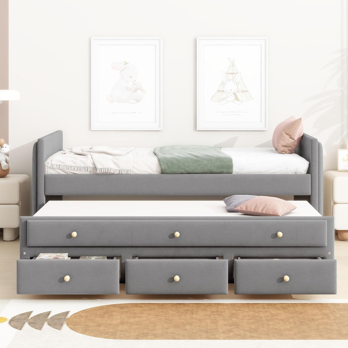 Twin Size Velvet Upholstered Daybed with Trundle and 3 Storage Drawers, Wooden Sofa Bed Frame (Gray) S595