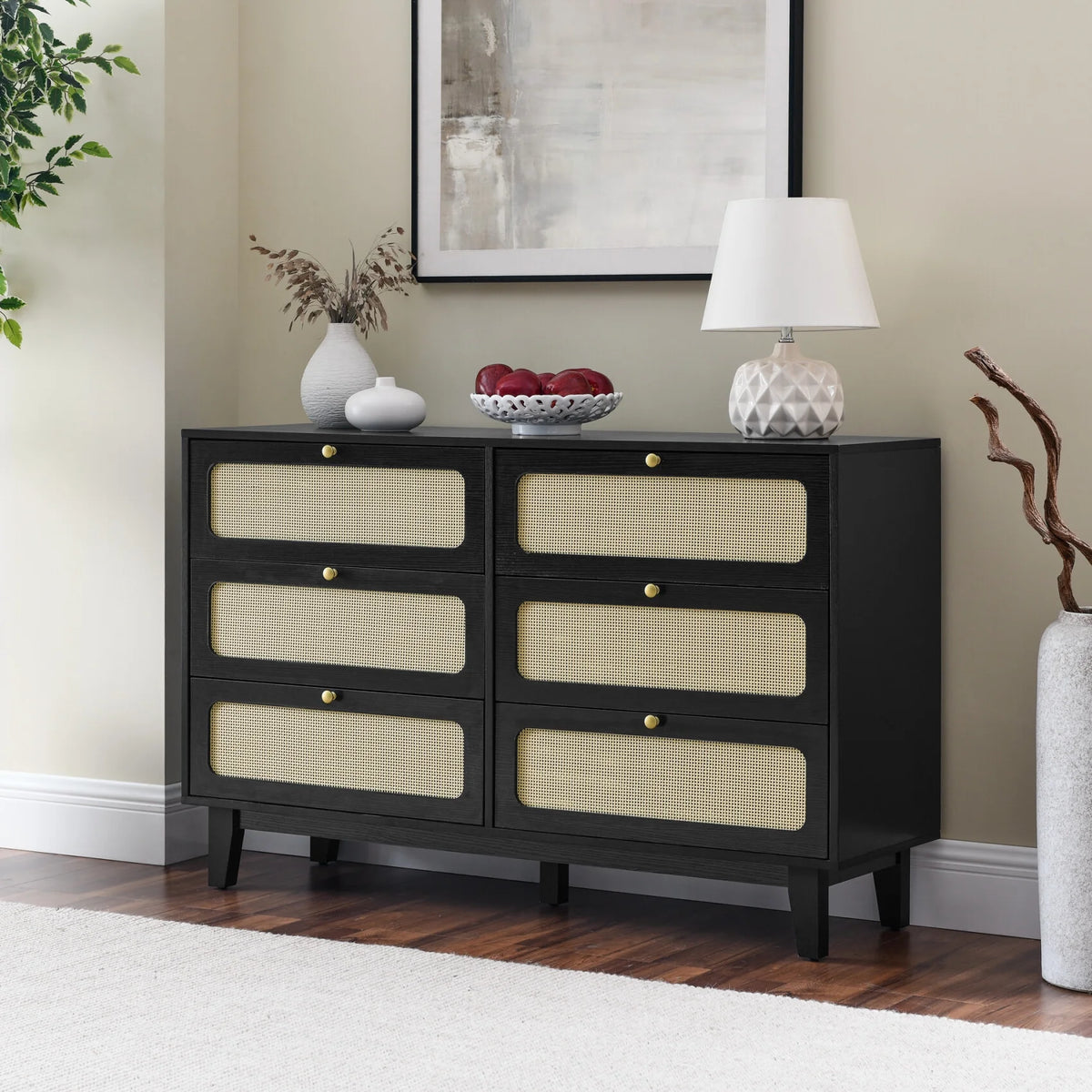 6 Drawer Wooden Dresser with Rattan Drawers Q33499