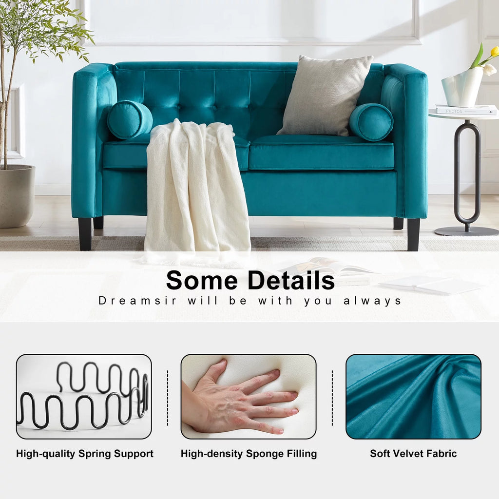 Peacock Blue Velvet Sofa with Bolster Pillows R975