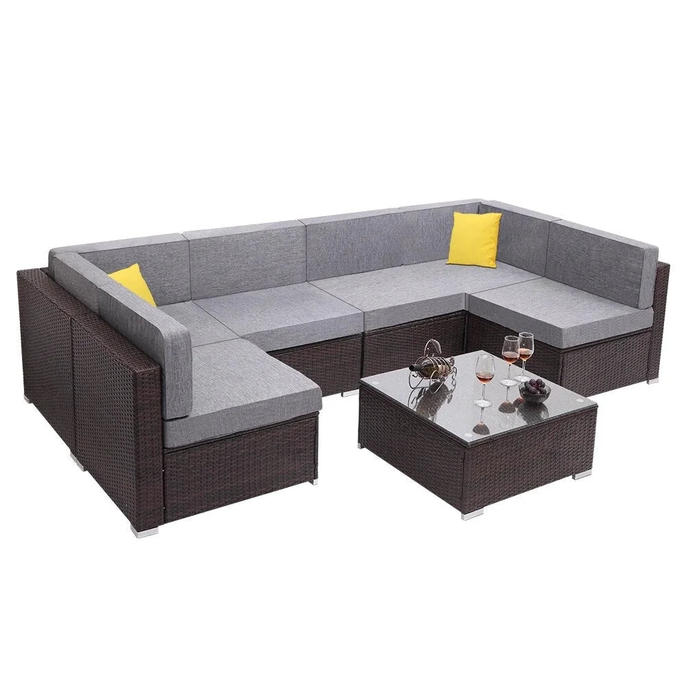 7 Pieces PE Wicker Rattan Corner Sofa Set P669