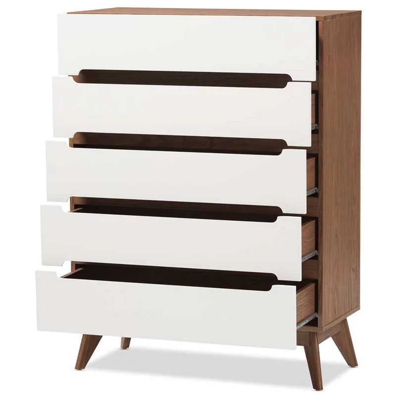 Mid Century Modern White and Walnut Chest and Nightstand Set P5536