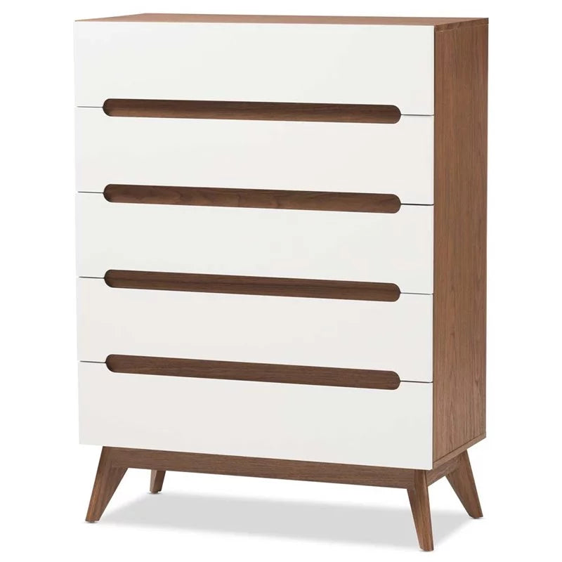 Mid Century Modern White and Walnut Chest and Nightstand Set P5536
