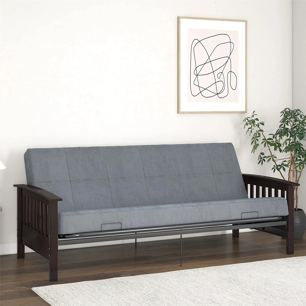 Natural Wood Full Size Futon Frame with Black Metal V16073