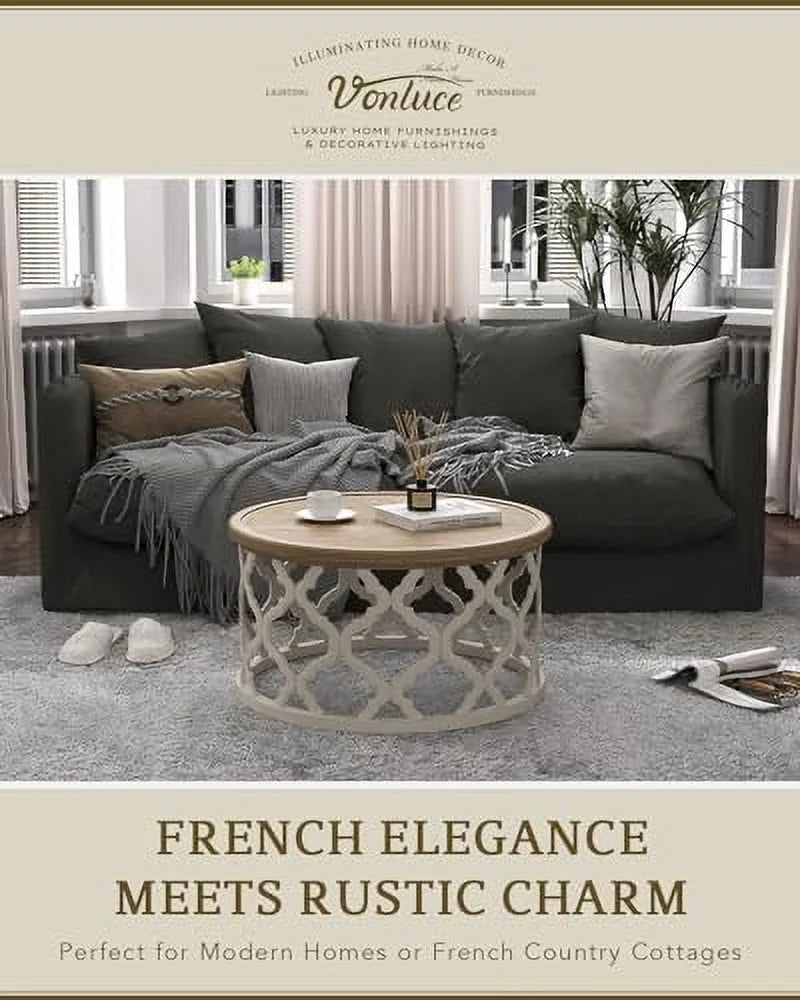 30'' Round Distressed Wood Coffee Table with Shelf L366