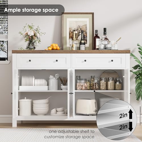 55" White Buffet Sideboard Cabinet with Drawers and Shelves E231