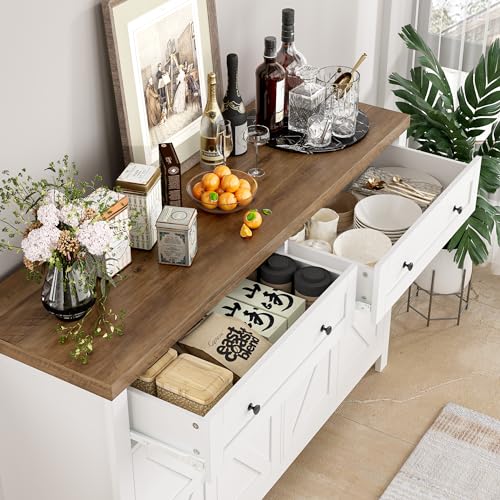 55" White Buffet Sideboard Cabinet with Drawers and Shelves E231