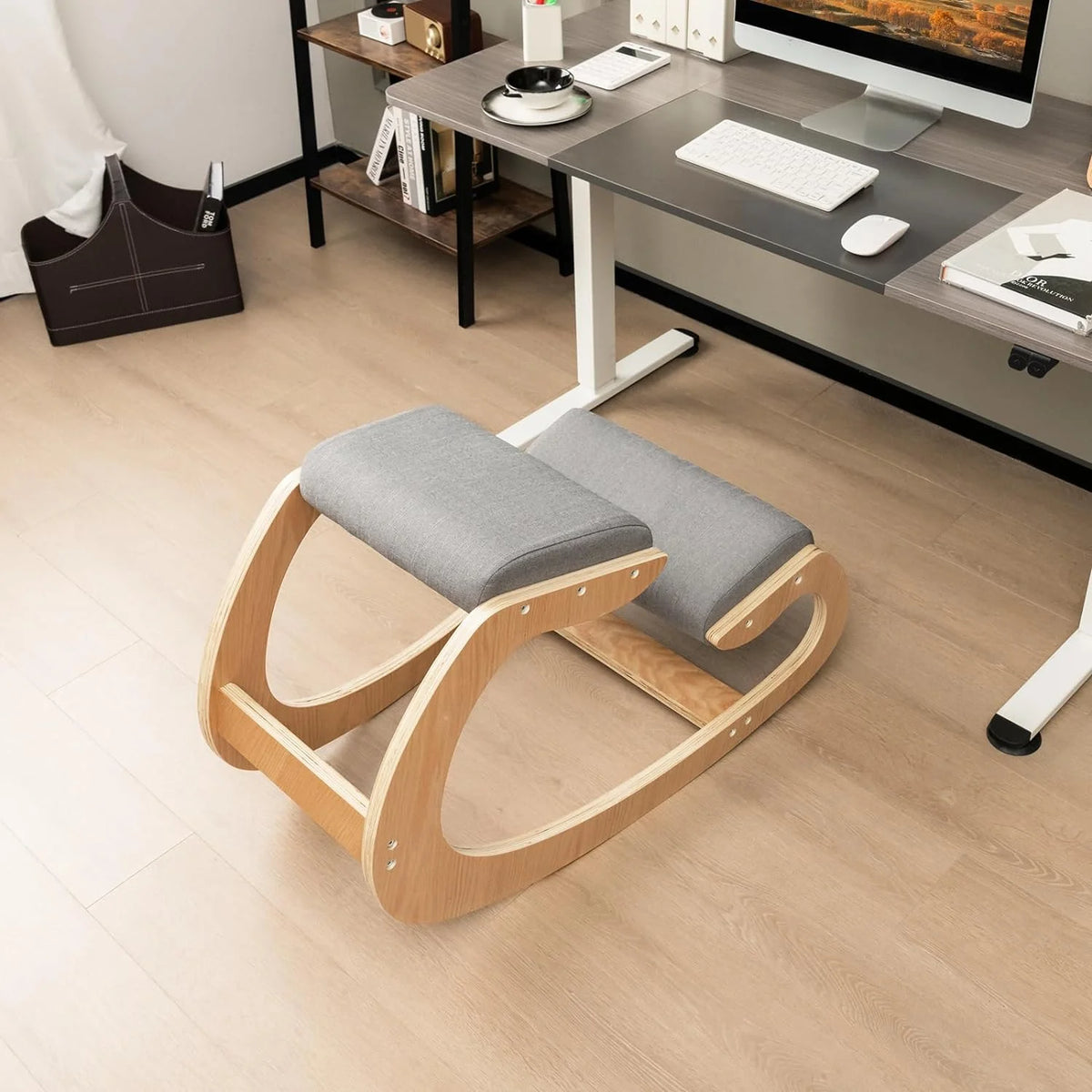 Ergonomic Kneeling Chair with Cushion Solid Wood Frame Gray A7259