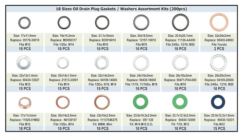 200PCS 18 Sizes Oil Drain Plug Gaskets Washers Assortment Kits N421579
