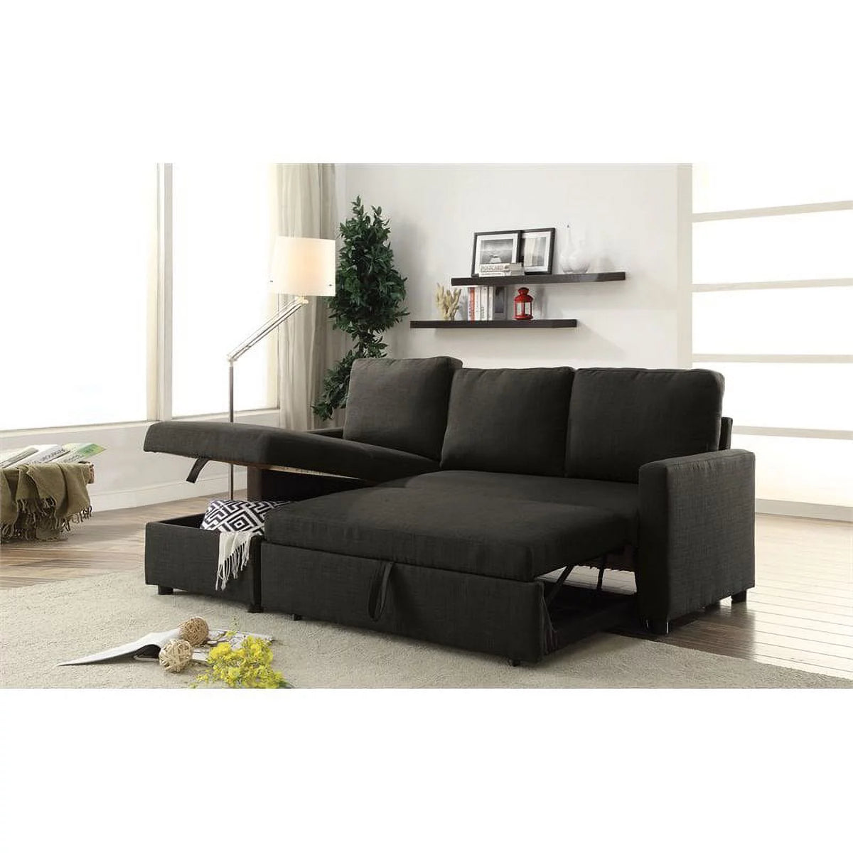 Charcoal Linen Sleeper Sectional Sofa D67869