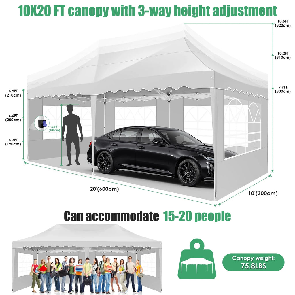 10' x 20' Pop Up Canopy Party Tent Heavy Duty Waterproof Adjustable White with Carry Bag Q29586