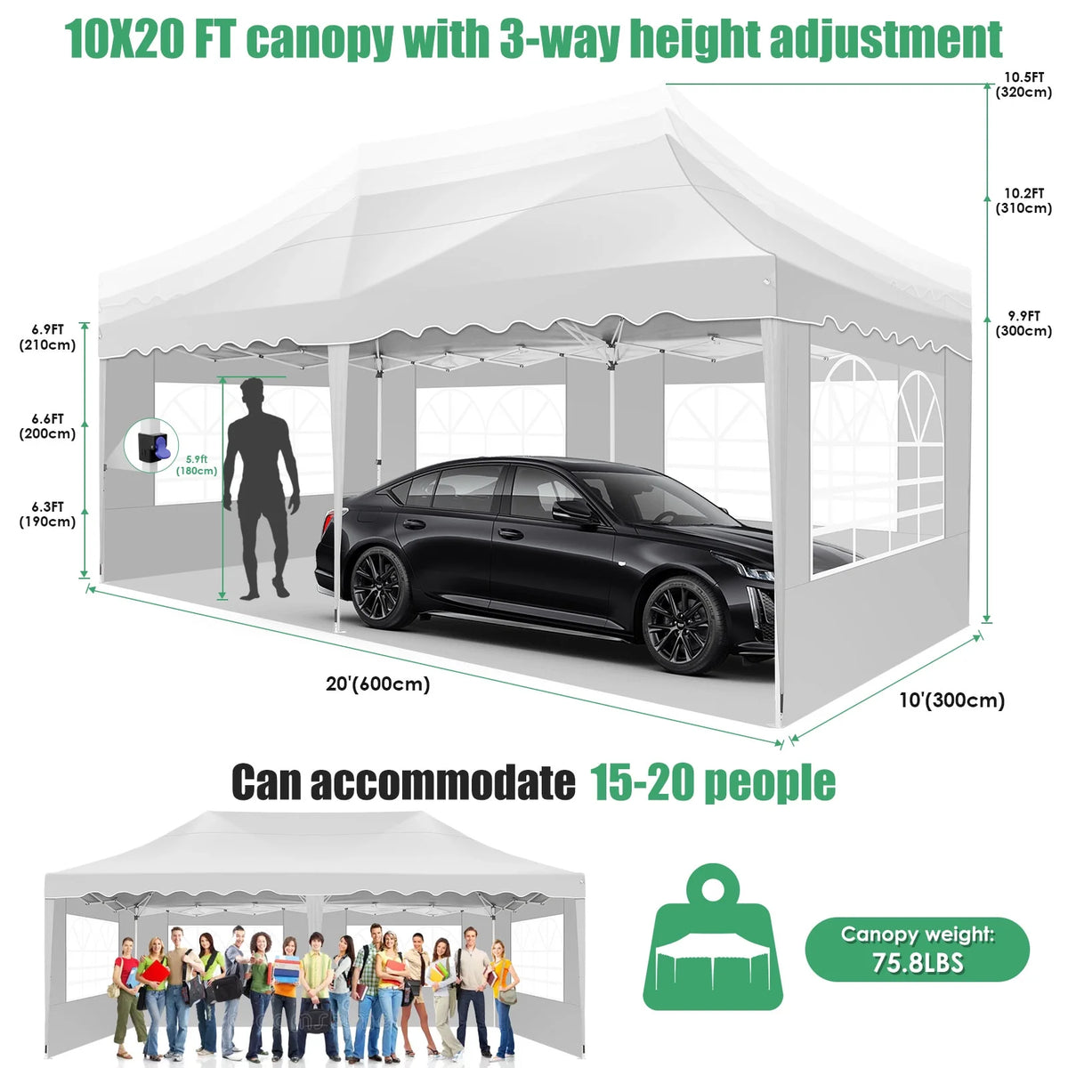 10' x 20' Pop Up Canopy Party Tent Heavy Duty Waterproof Adjustable White with Carry Bag Q29586