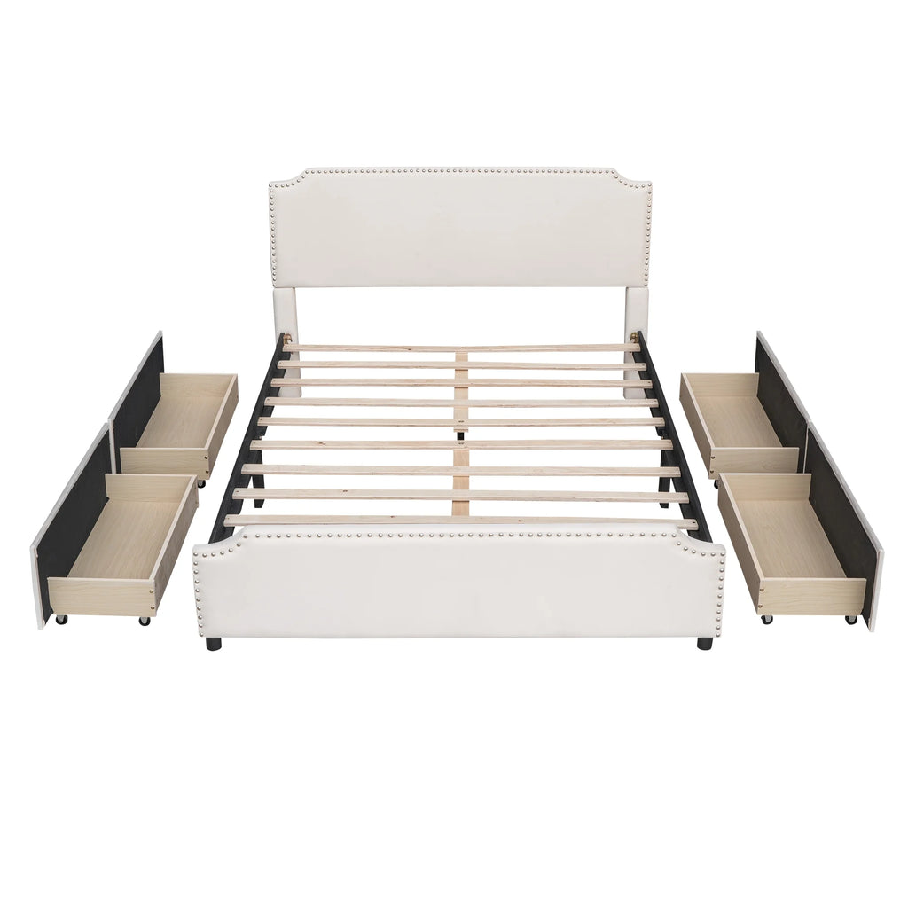 Beige Velvet Queen Size Bed with 4 Storage Drawers I252