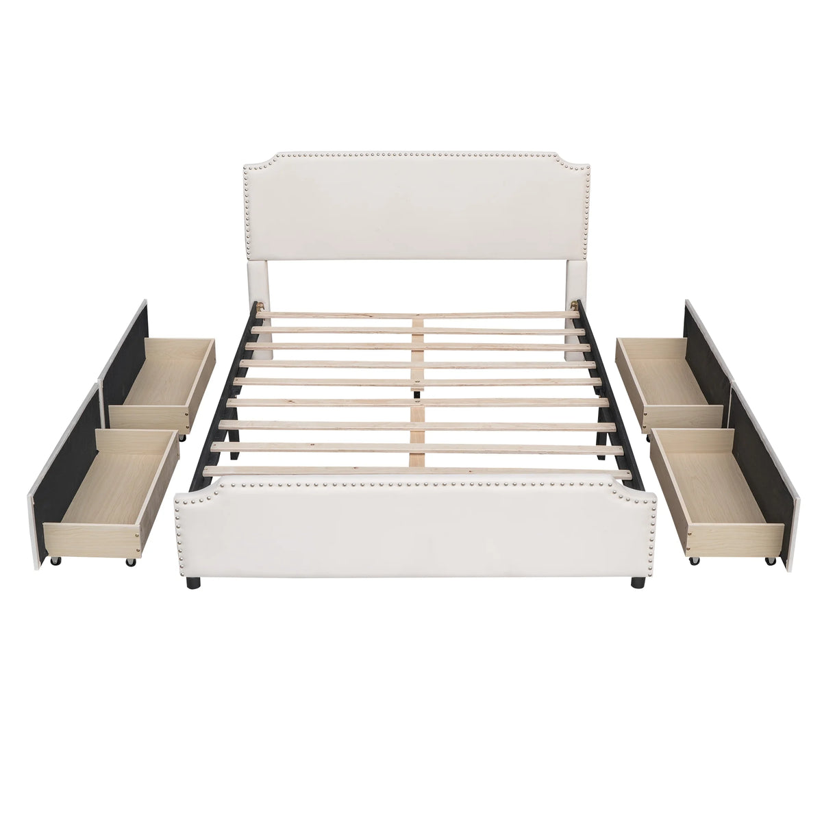 Beige Velvet Queen Size Bed with 4 Storage Drawers I252