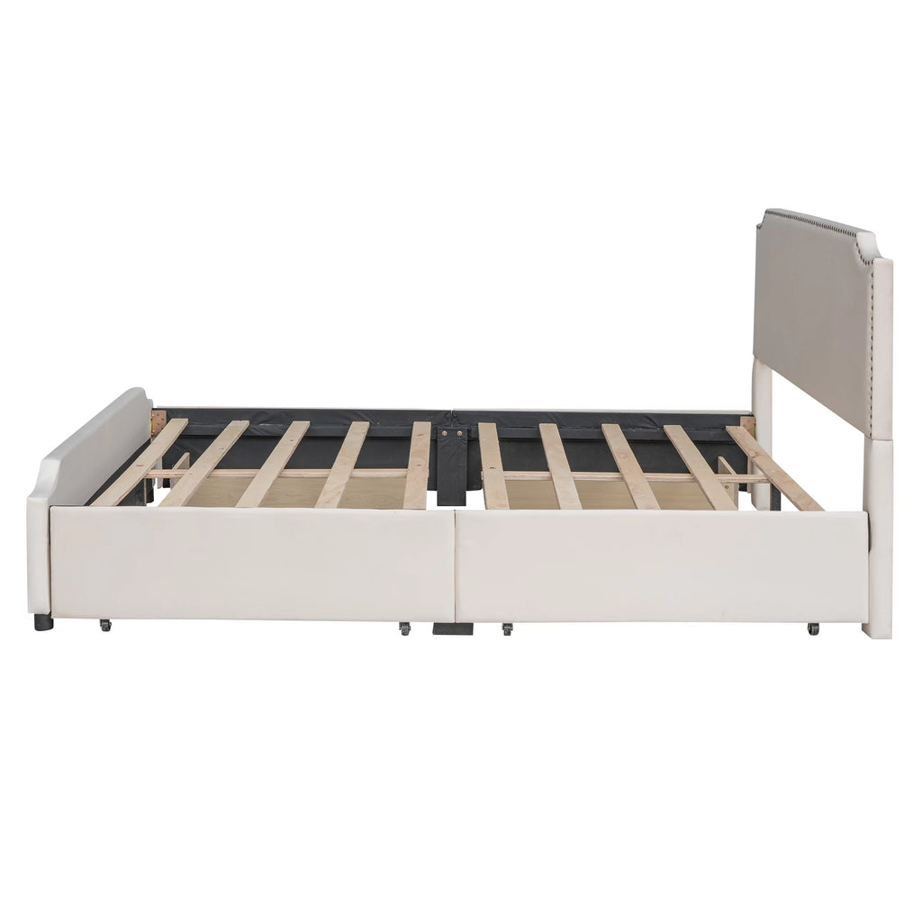 Beige Velvet Queen Size Bed with 4 Storage Drawers I252