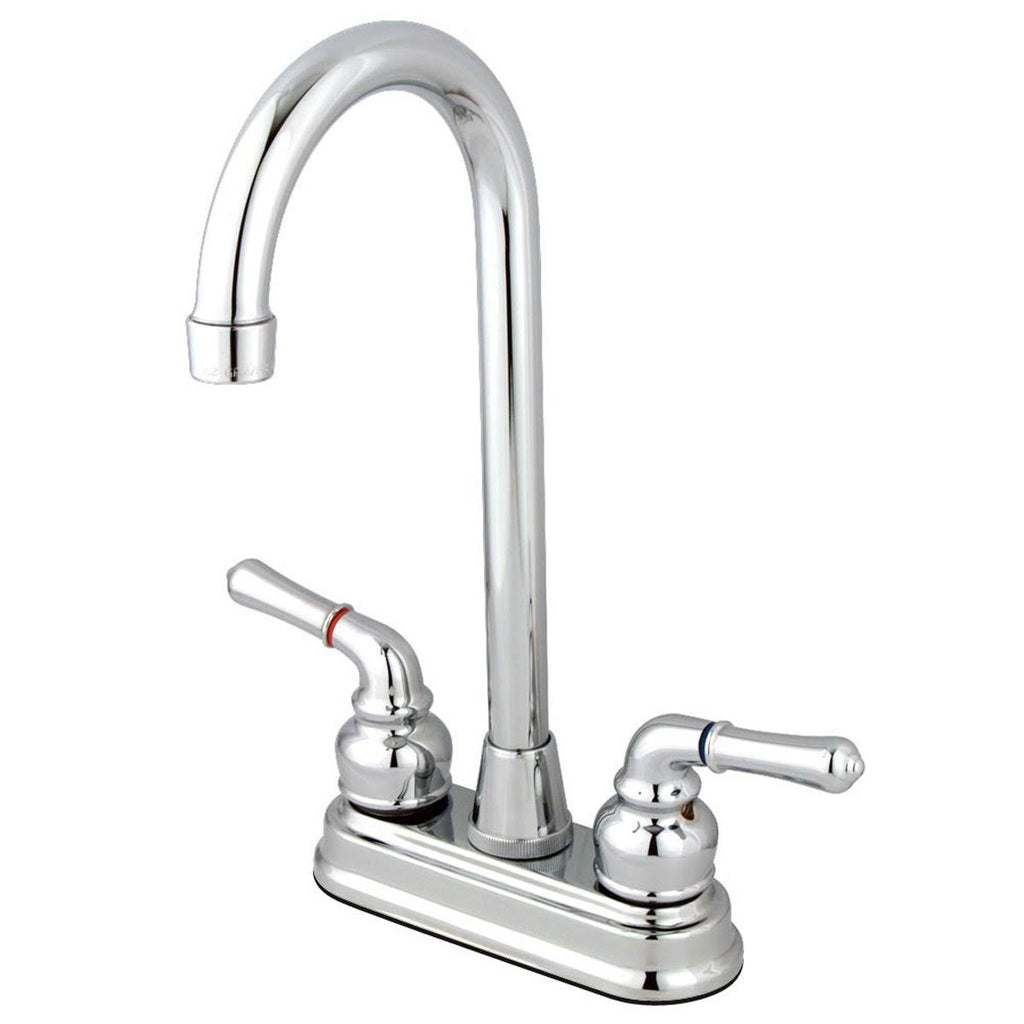 Satin Nickel & Polished Brass Two-Handle Centerset High-Arch Bar Faucet H525667