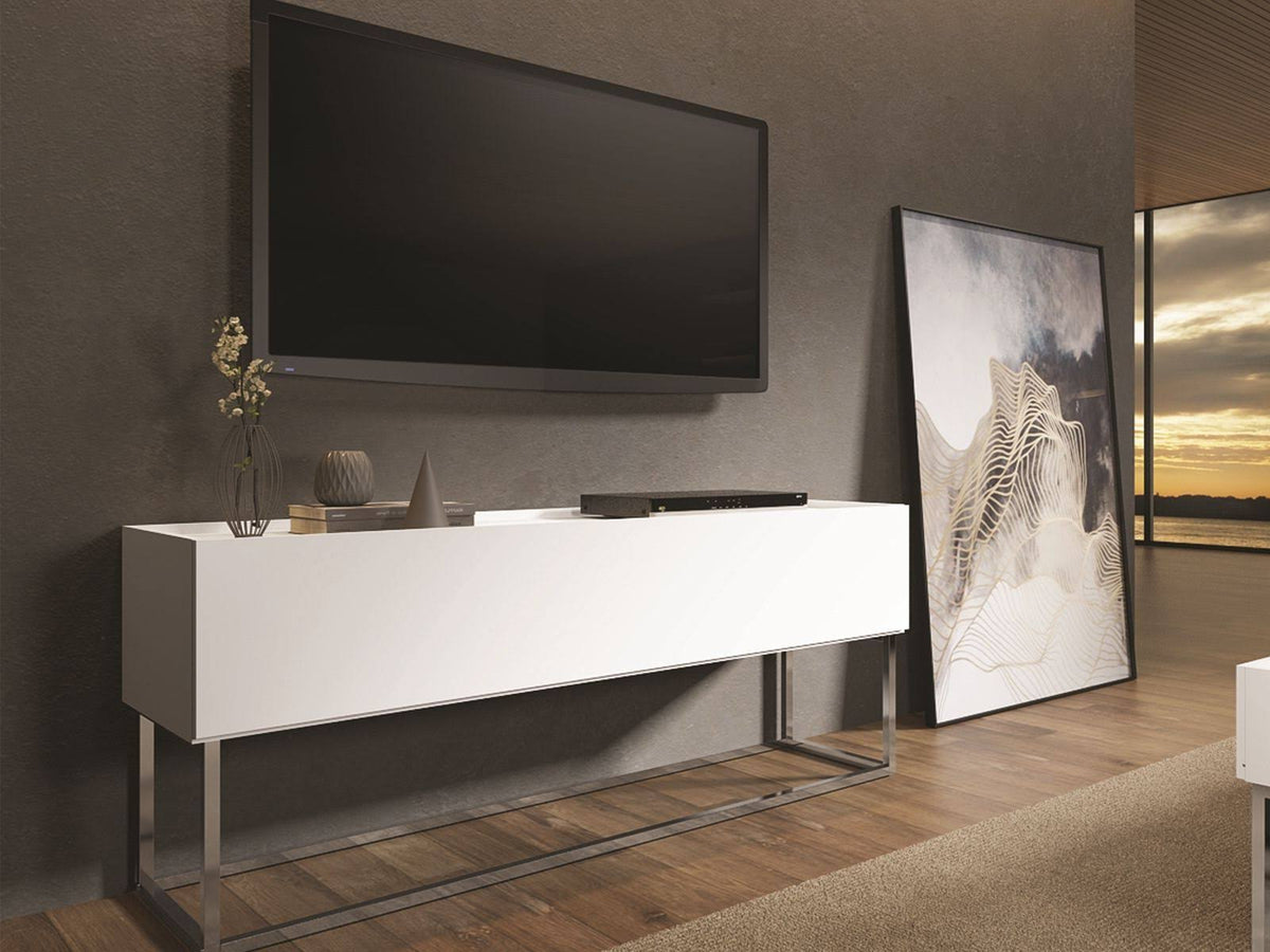 Matte White and Chrome Plated Low Entertainment Center O82741