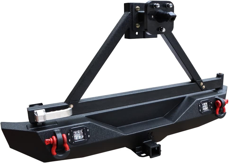 Textured Black Rear Bumper with Tire Bracket, LED Light, D-Ring, Rear Camera Mounting Holes S28814