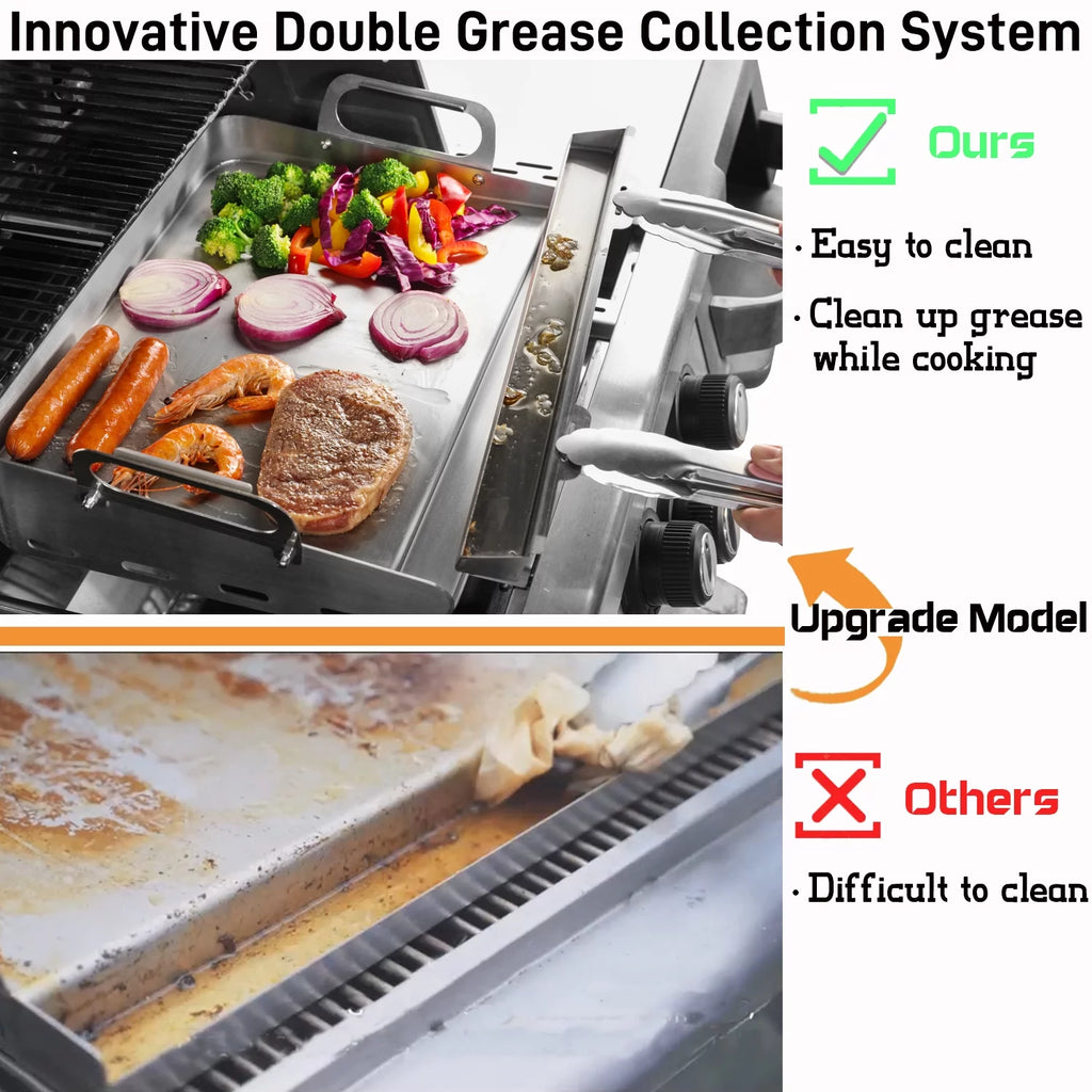 Flat Top Grill Griddle with Removable Grease Tray, 24 x 16 Stainless Steel U123665